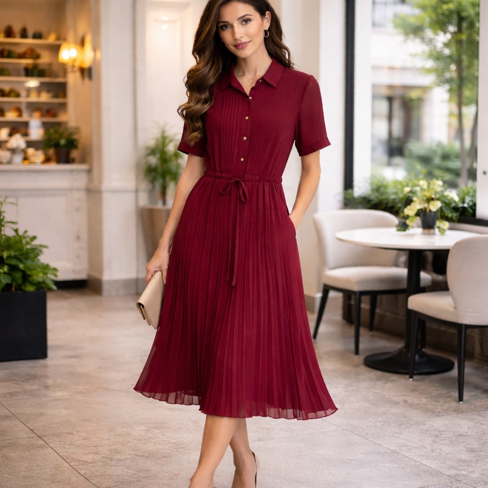 Wldrsd Pleated Midi Shirt Dress XL Burgundy Button Front Lined NWT